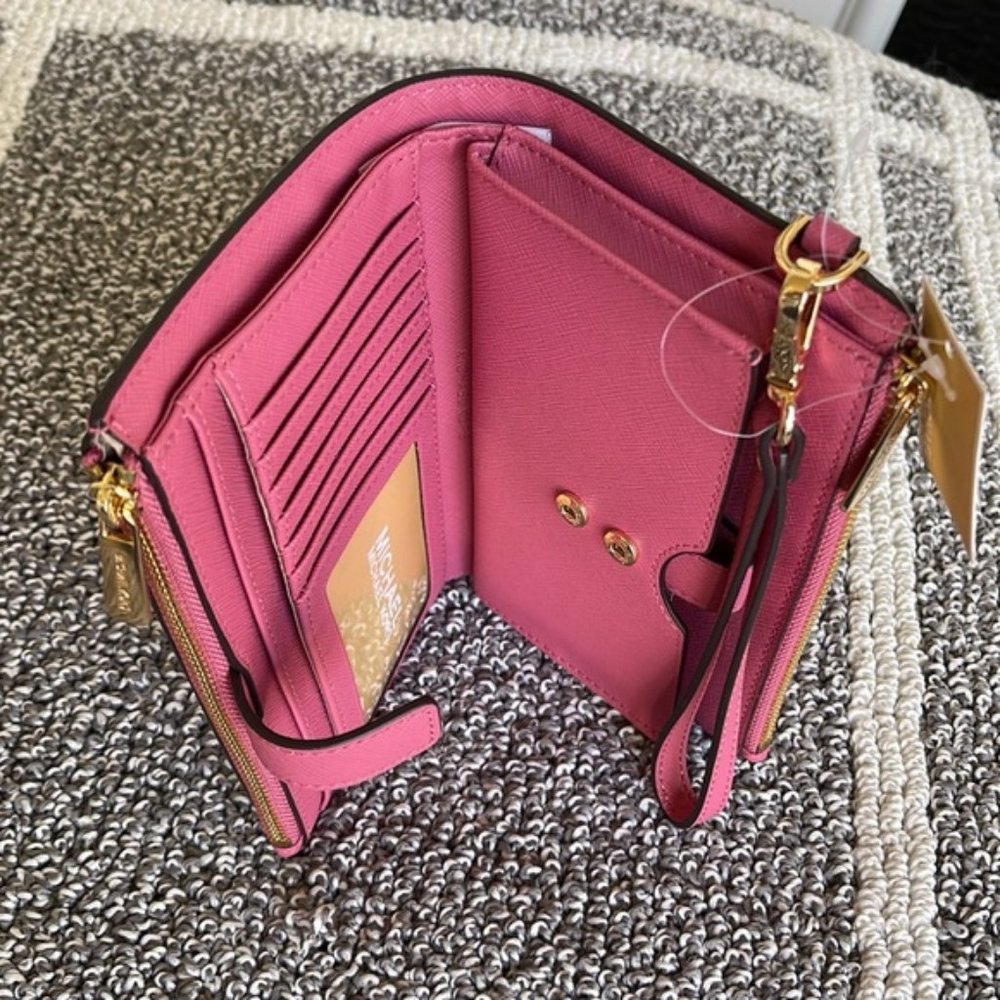 Michael Kors Jet Set Travel Large Double Zip Wristlet Wallet Rosewood Leather - Picture 8 of 16